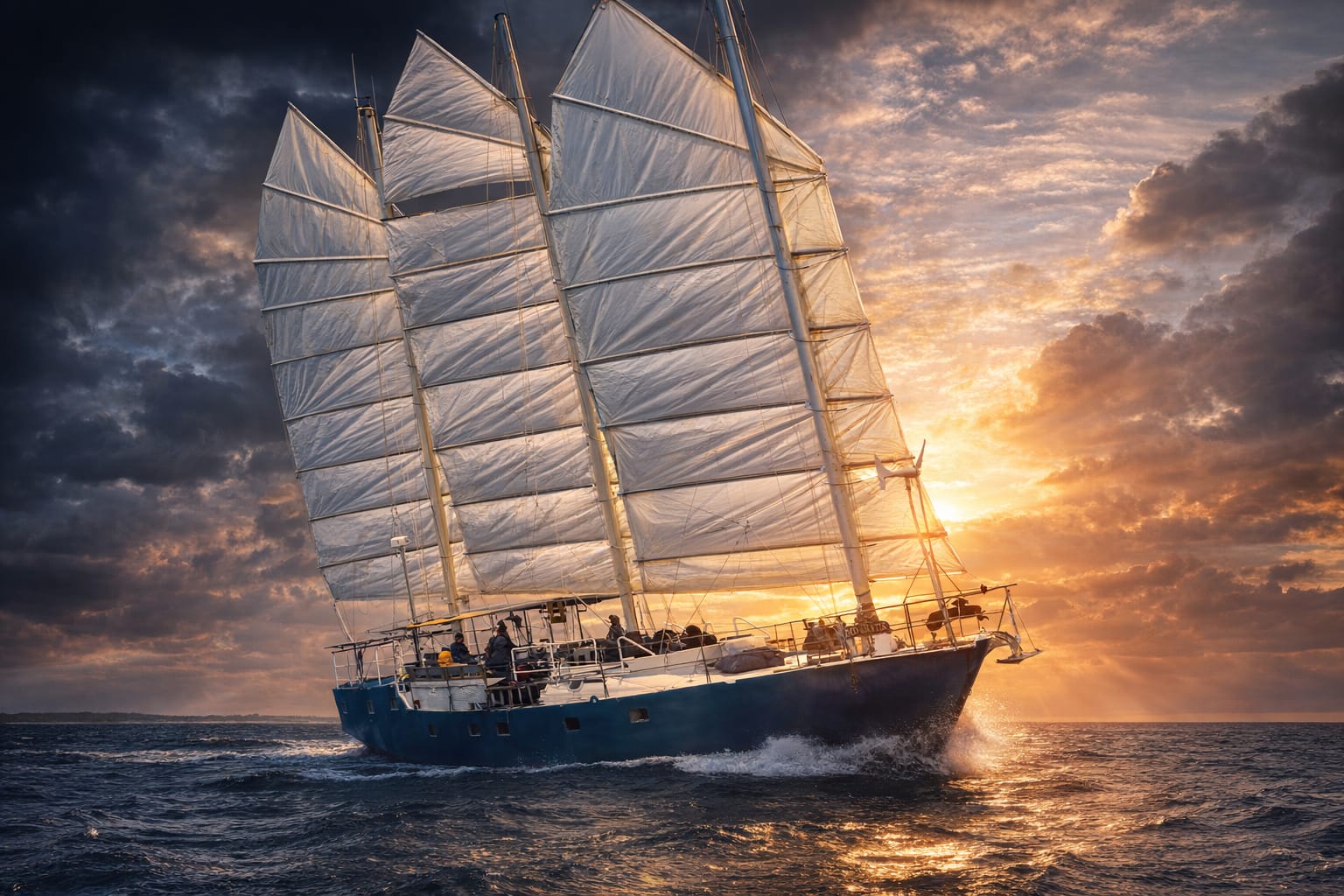 A sailing vessel under white sails at sunset