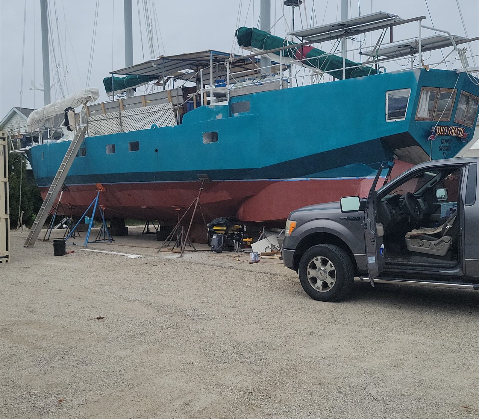 Deo Gratis in the boatyard during construction and preparation
